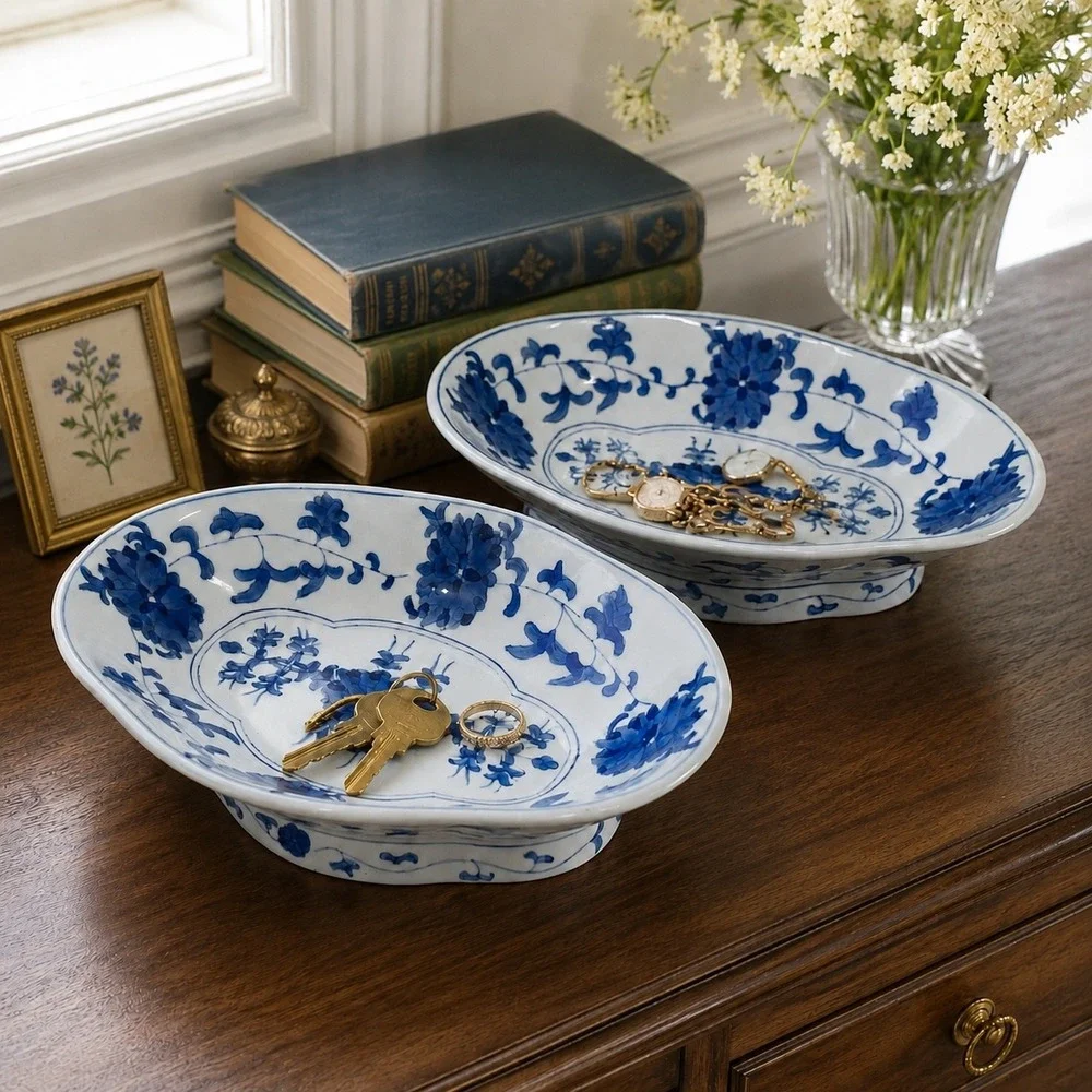 Pair Vintage Blue White Asian Style Footed Bowls Chinoiserie Decor
